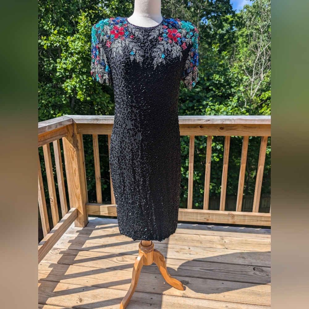 Vintage Scala Beaded Dress 80s Silk Black Floral Open Back Medium Evening Party